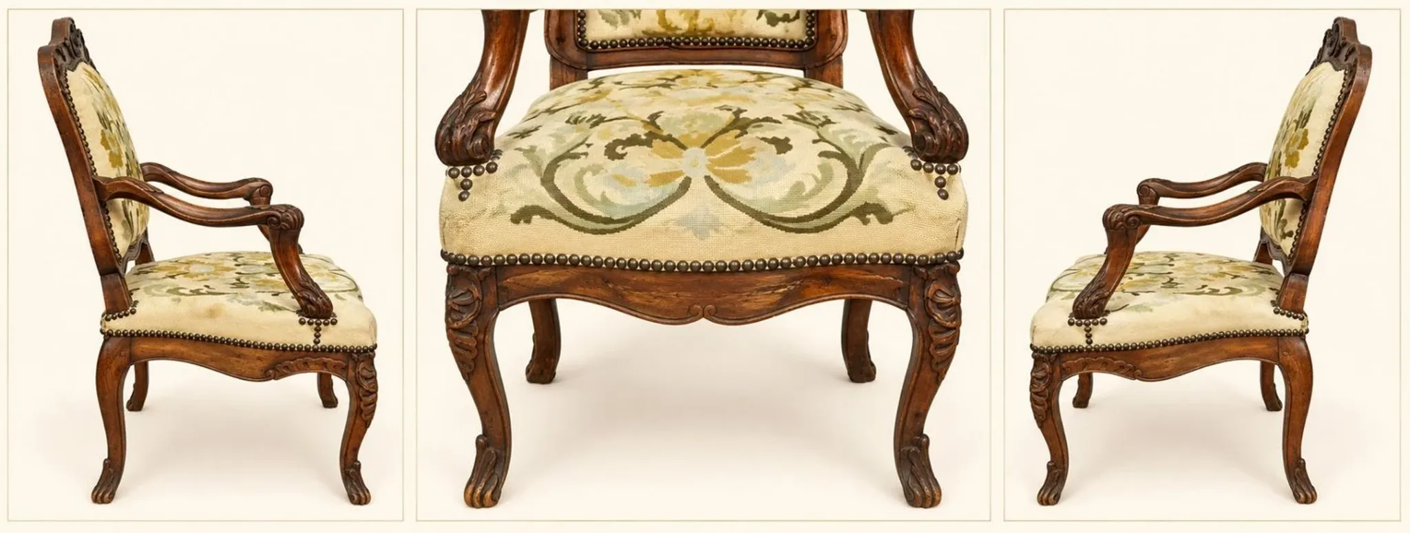 Louis XV cabriolet armchair, carved walnut, petit point tapestry, 18th century.