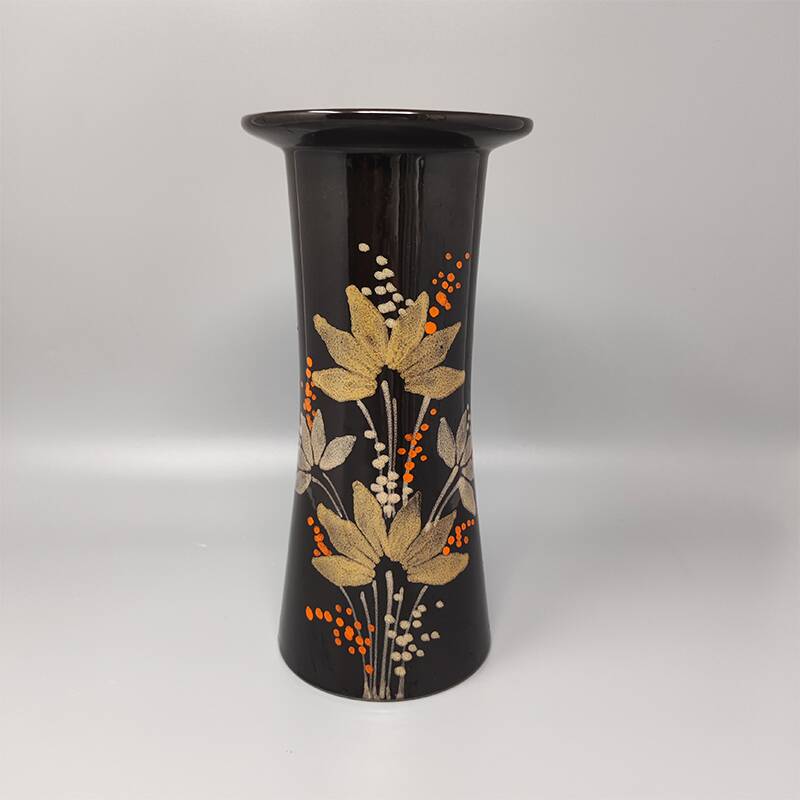 1970s brown vase ceramic by SIC hand-painted. Made in Italy