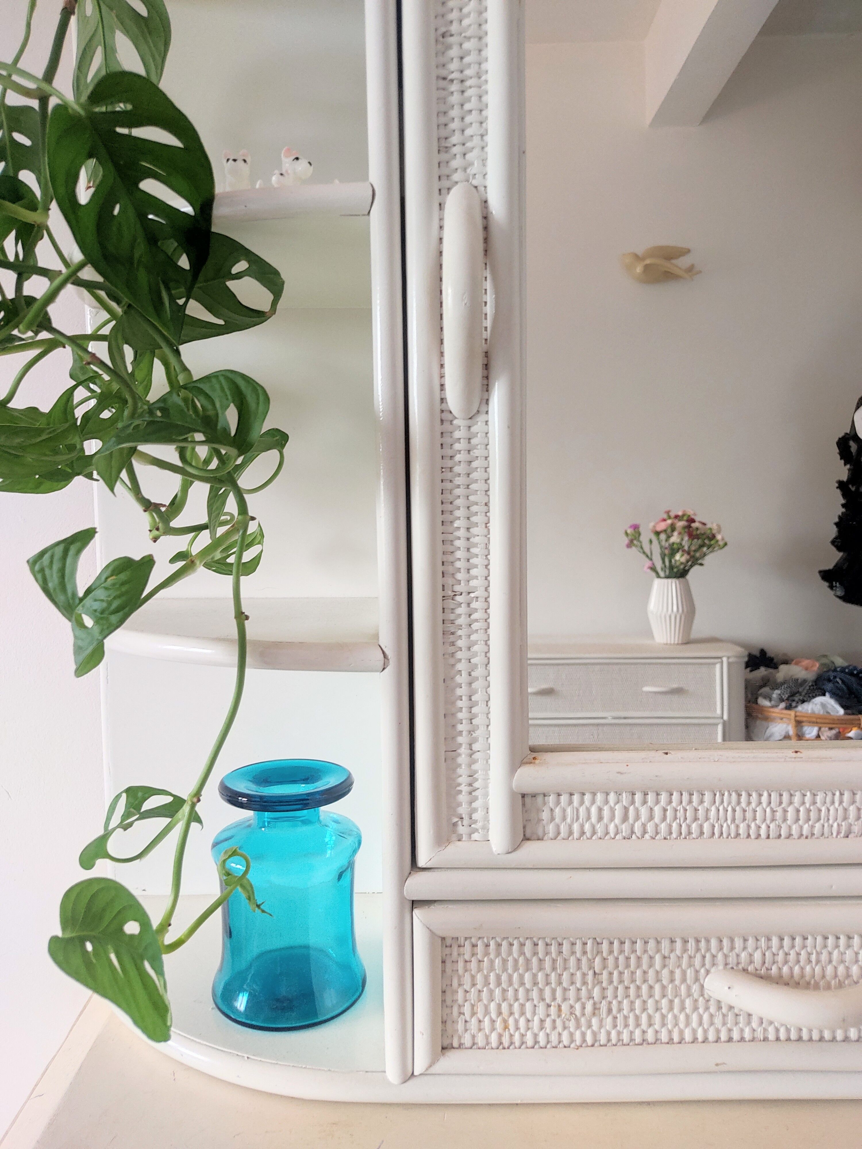 Vintage wooden and wicker shelf