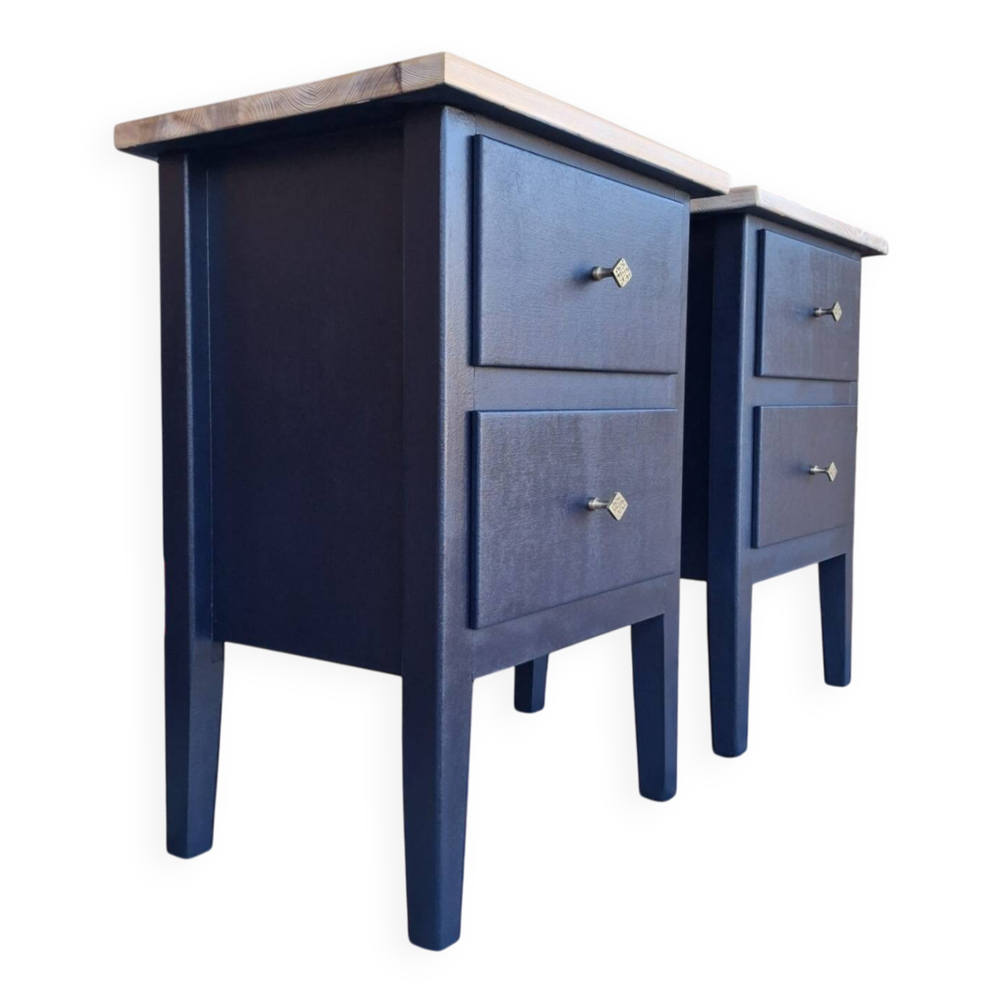 Tables de chevet MCM vintage – Bleu foncé, tiroirs et poignées laiton