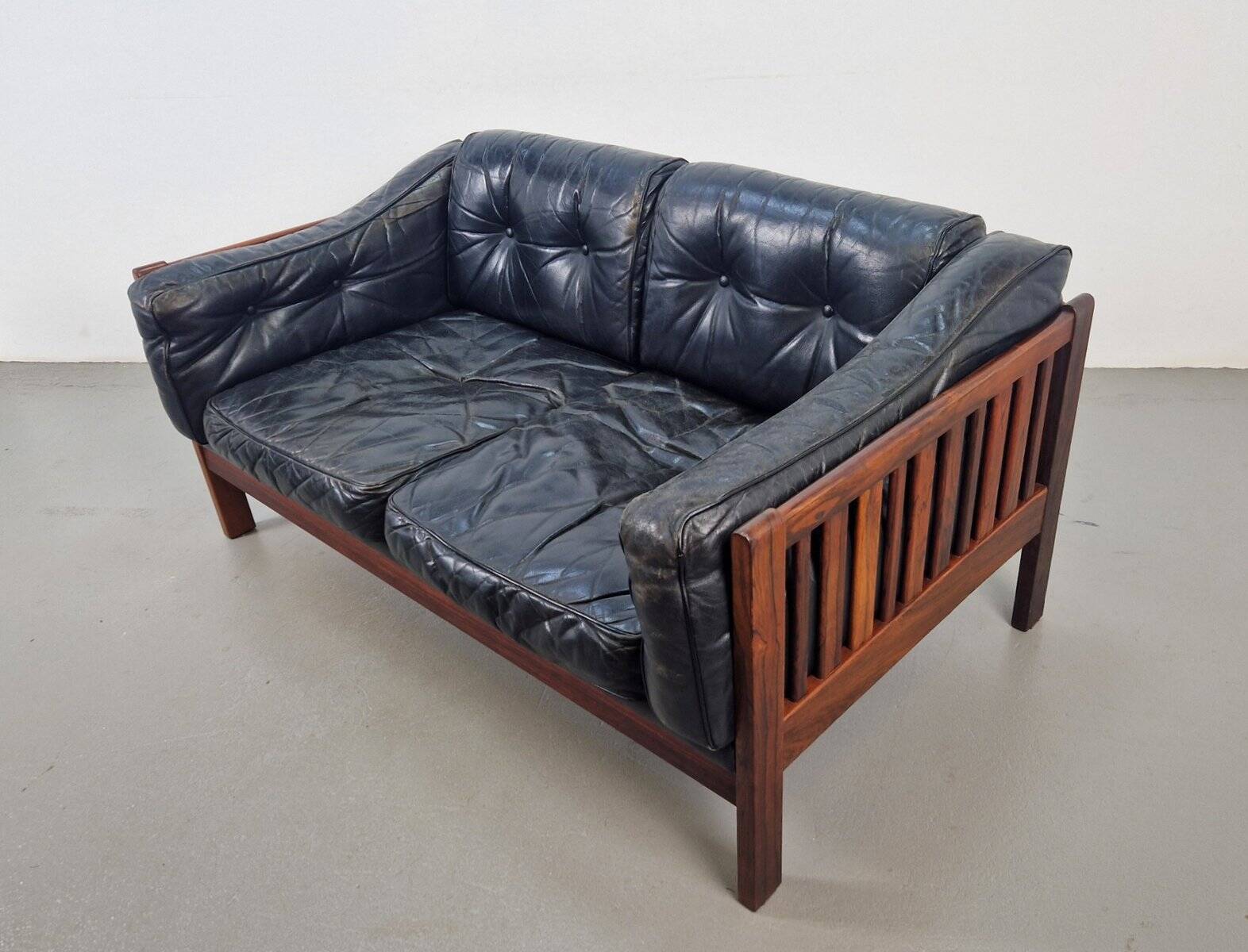 Mid-Century Modern Scandinavian Monte Carlo Sofa in Black Leather and Wood by Ingvar Stockum, 1965