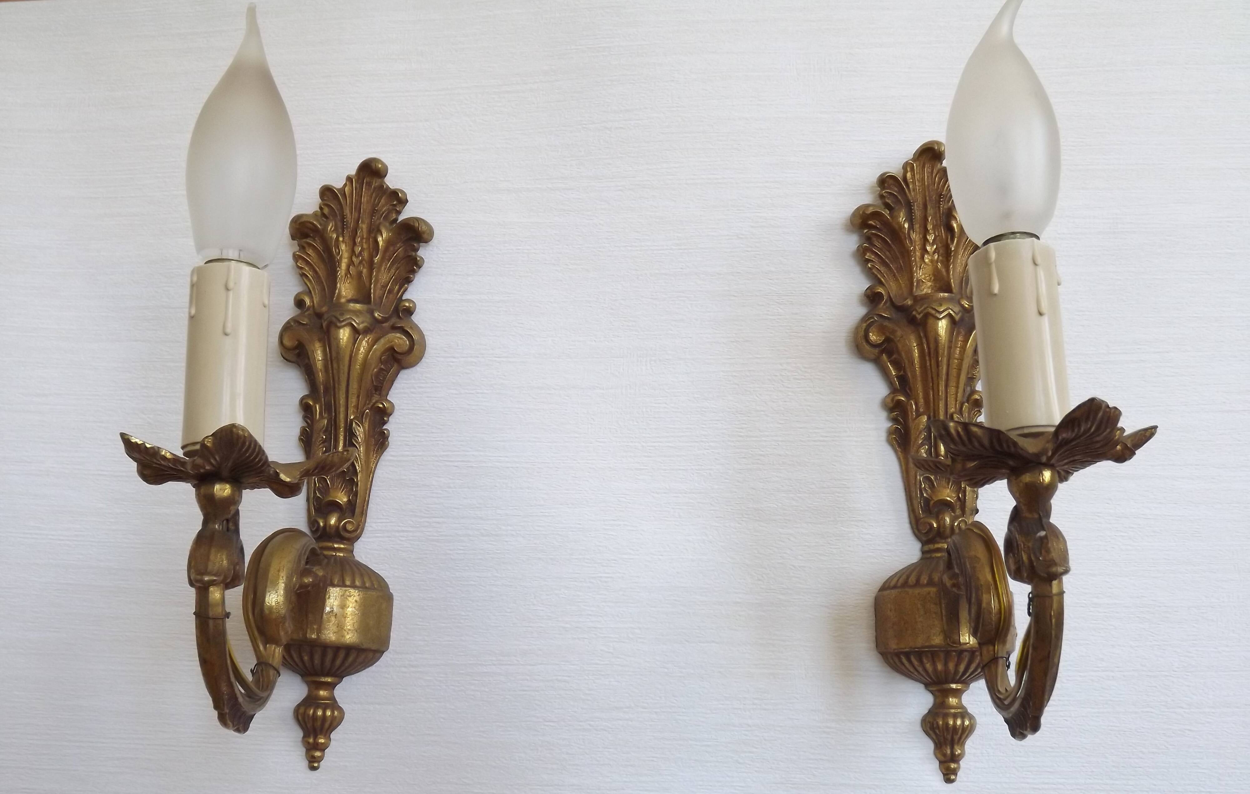 Pair French Gilt Bronze Single Wall Sconces Leaf & Feather Plume Detail