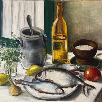 HST table "Composition with fish" ec. XX° signed