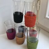 set of 9 small glasses with colored rattan support from the 70s