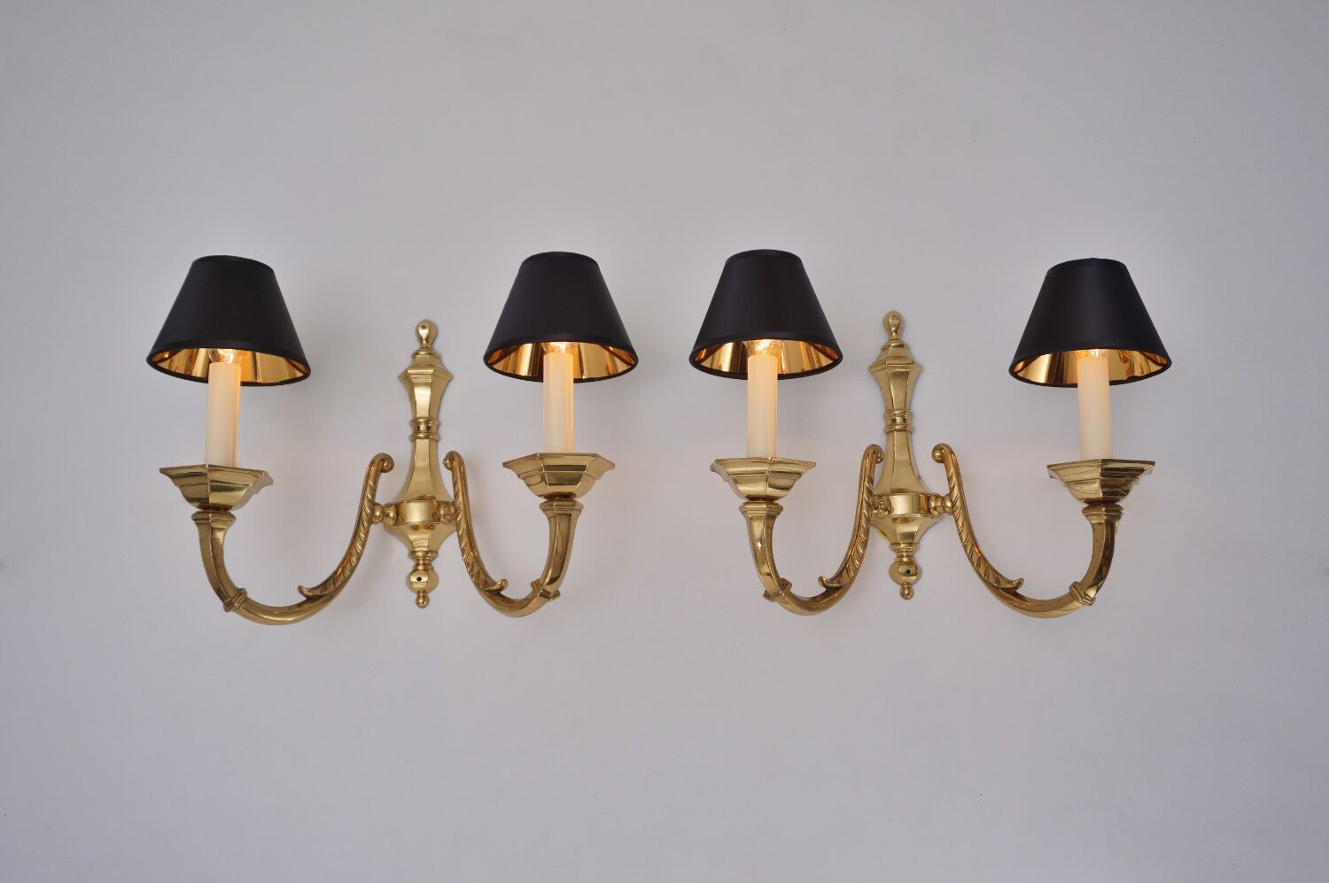 Pair brass wall lights sconces, twin arm, Neoclassical, 1950`s ca, English