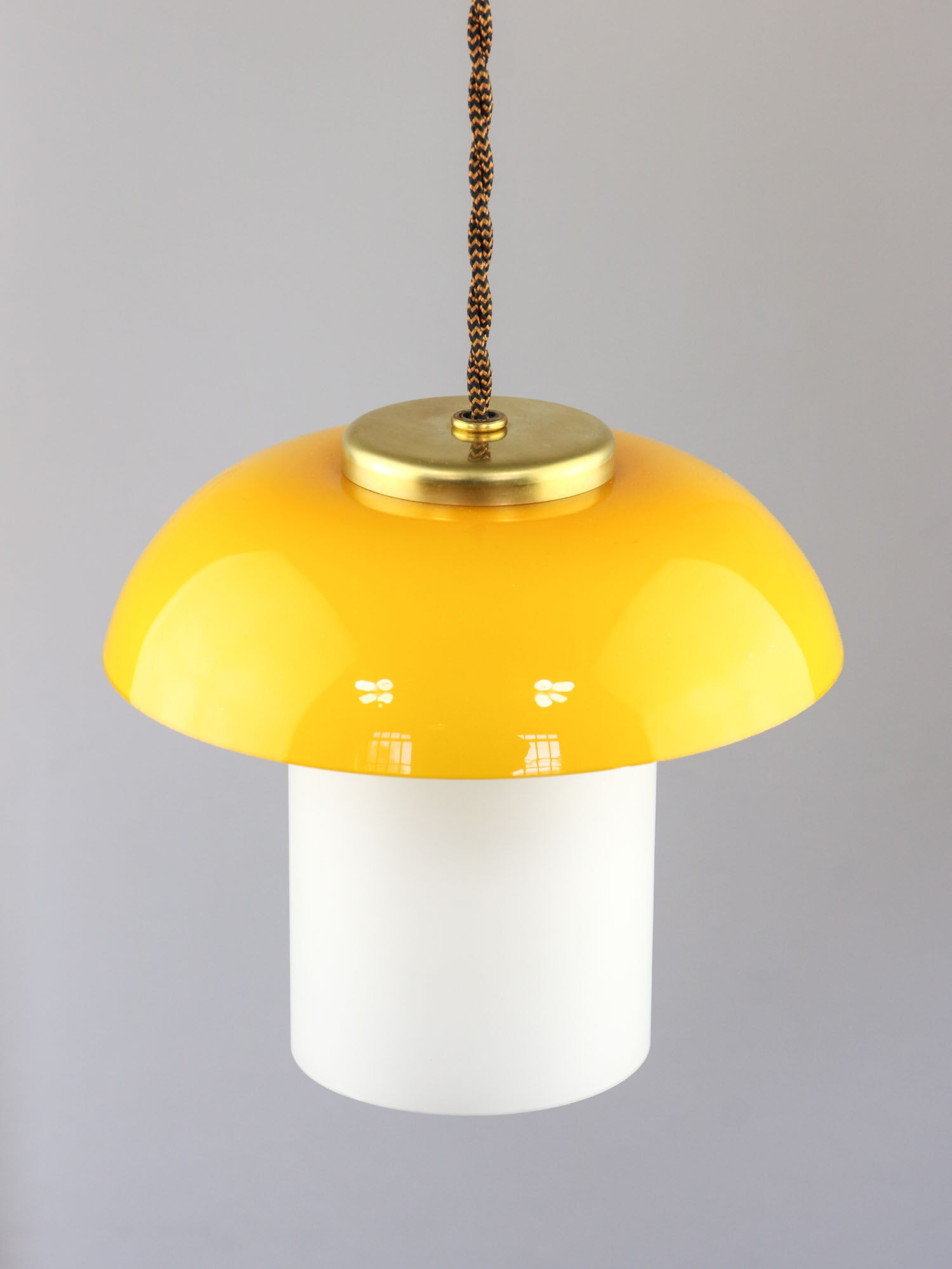 Mid-century yellow glass & brass mushroom pendant lamp