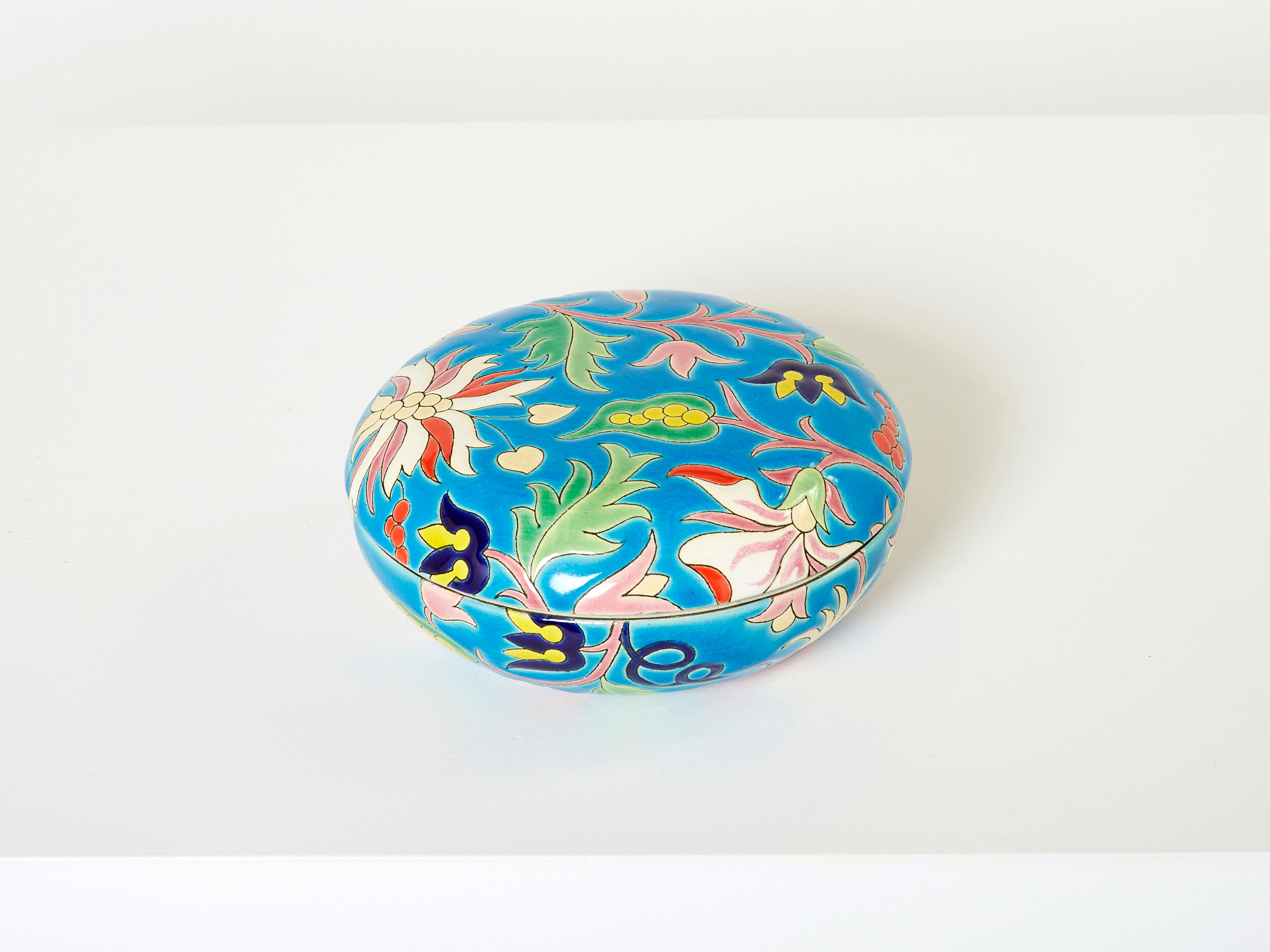 Large round box turquoise blue Art Deco Emaux de Longwy 1950
