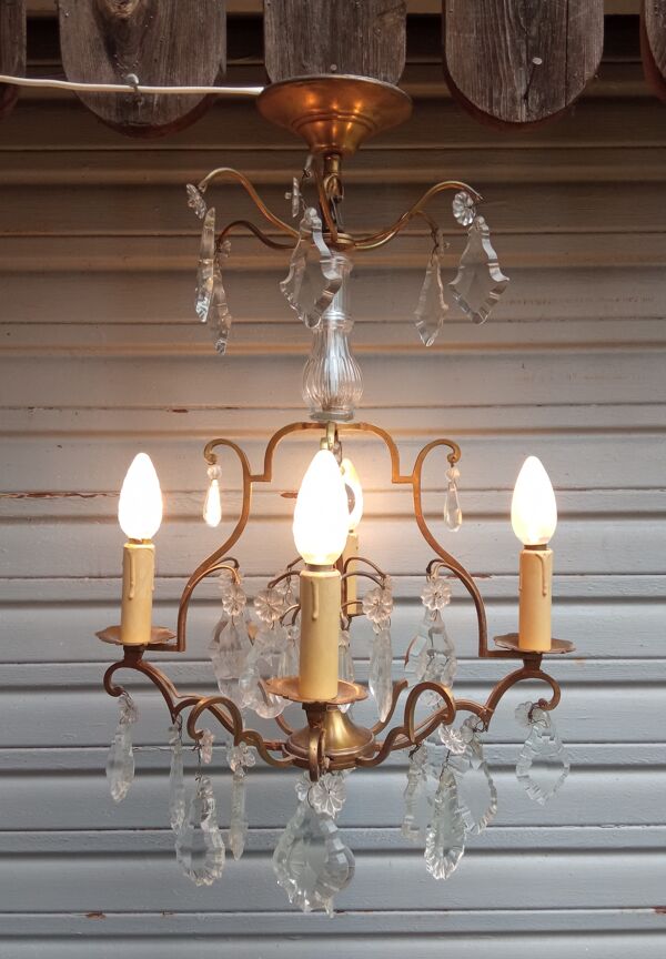 Lustre cage 4 feux à pampilles de cristal