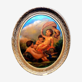 French school early 20th century oil on panel three children with dolphin & octopus