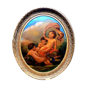 French school early 20th century oil on panel three children with dolphin & octopus