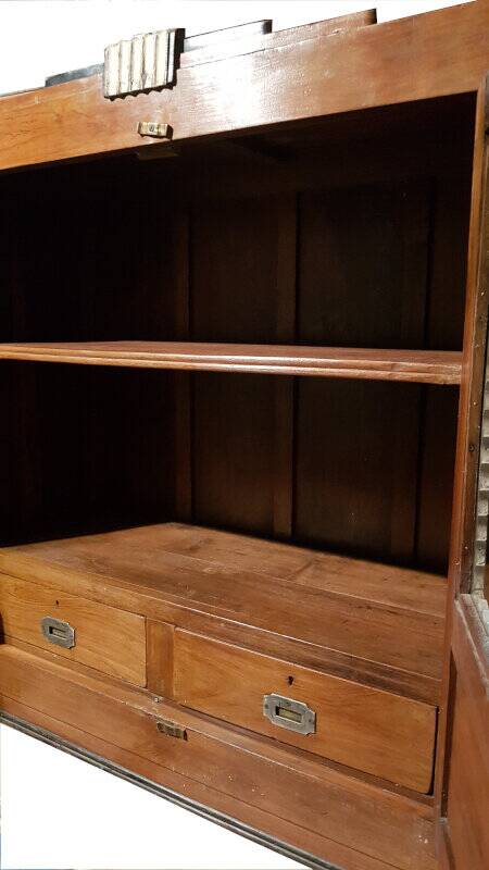 Art deco brown glass sideboard 2 drawers original piece old teak wood