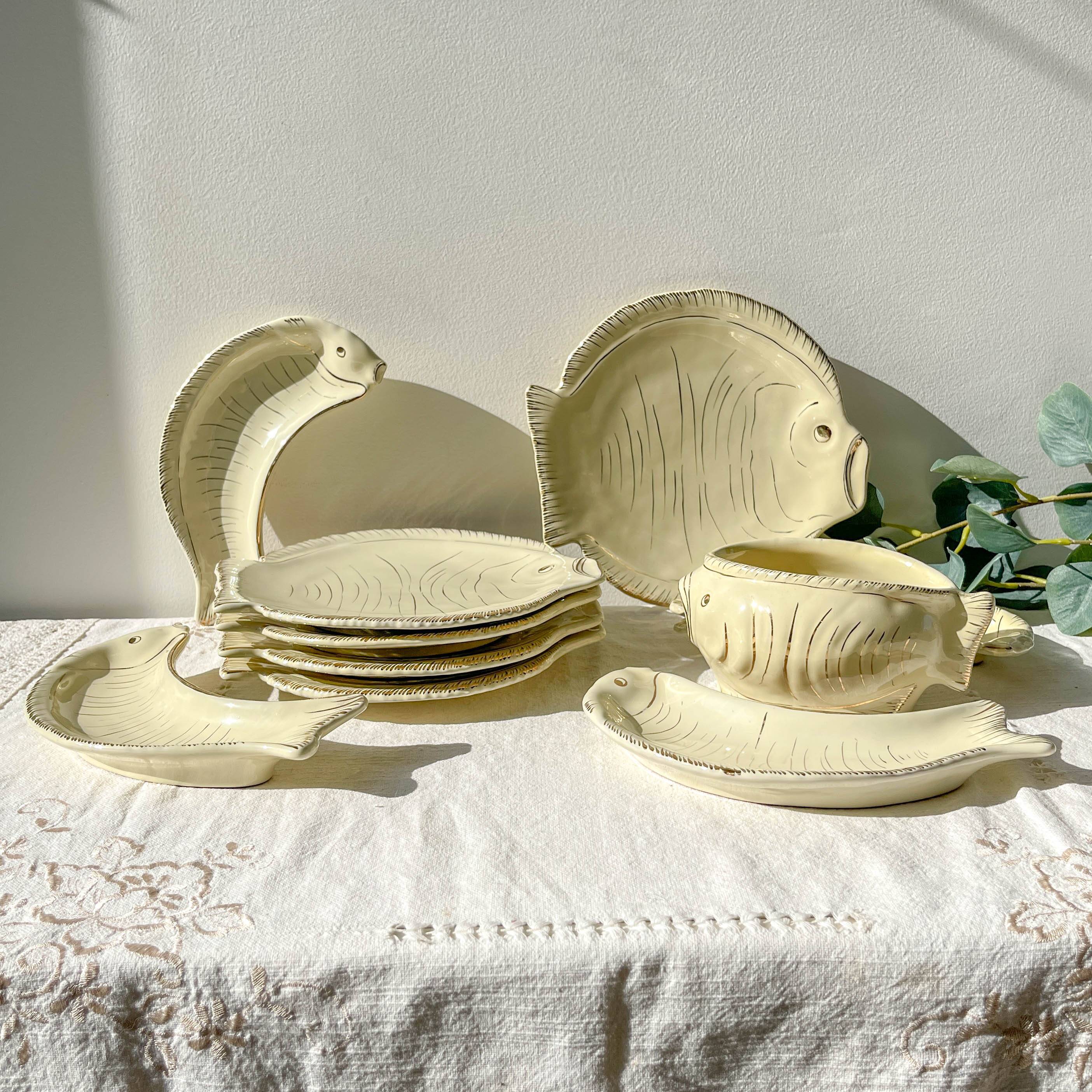 Vintage Italian fish service La Quercia – 1950s ceramic plates & bowls