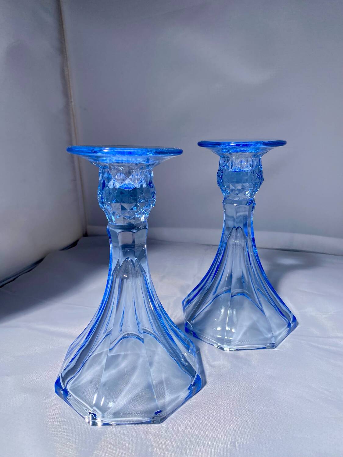 Pair of Jamestown blue Virginia candlesticks or vases by Fostori