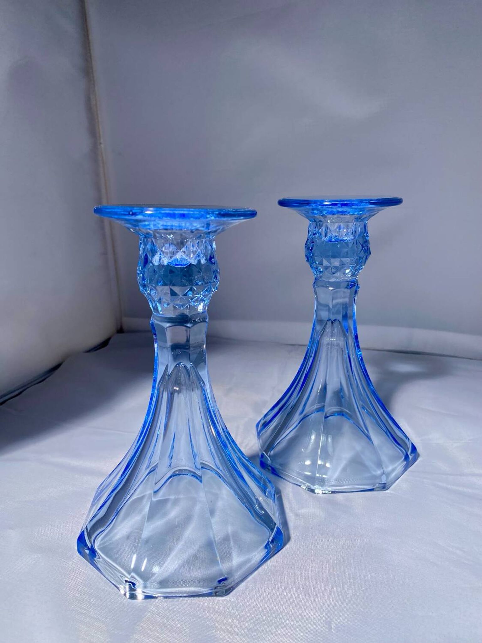 Pair of Jamestown blue Virginia candlesticks or vases by Fostori