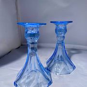 Pair of Jamestown blue Virginia candlesticks or vases by Fostori