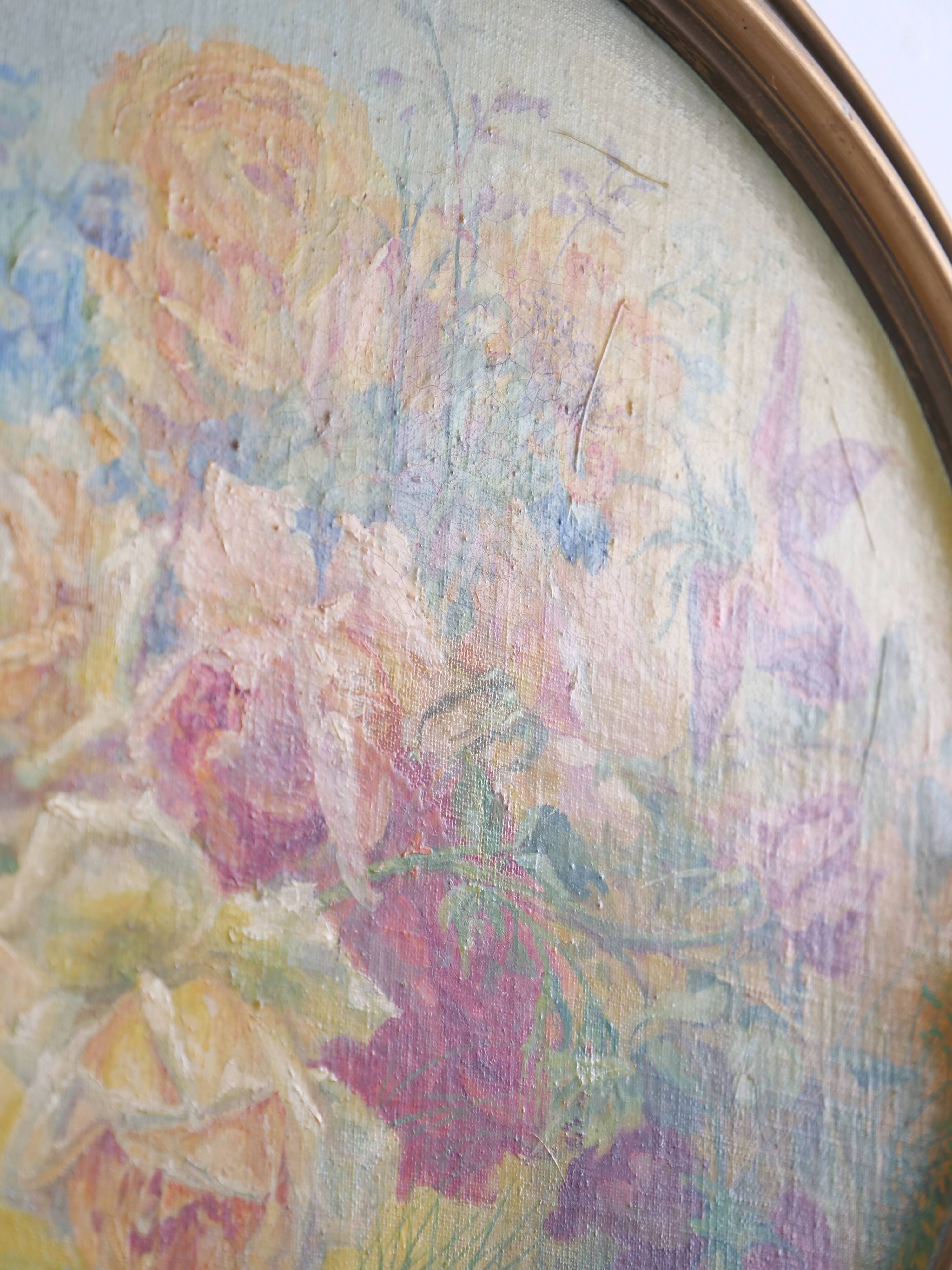 Oil on oval panel "bouquet of flower"