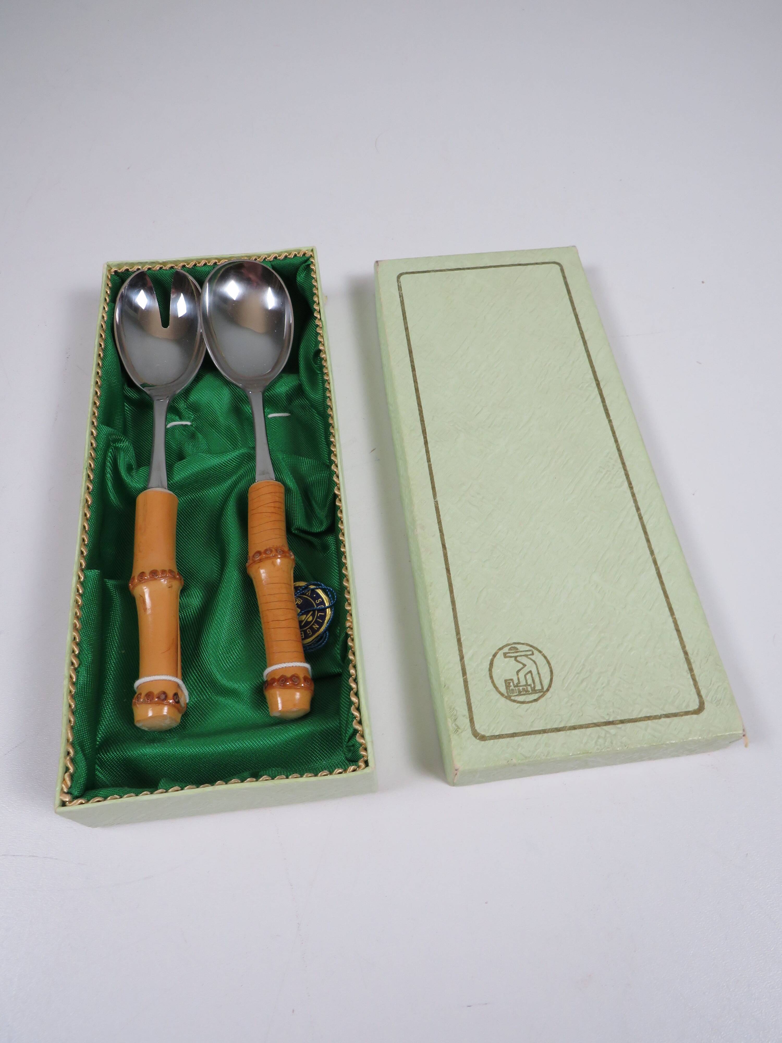Vintage salad service Solingen in stainless steel and bamboo – Germany