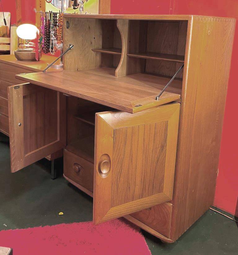 Ercol English wooden secretary, on wheels – 1970s.