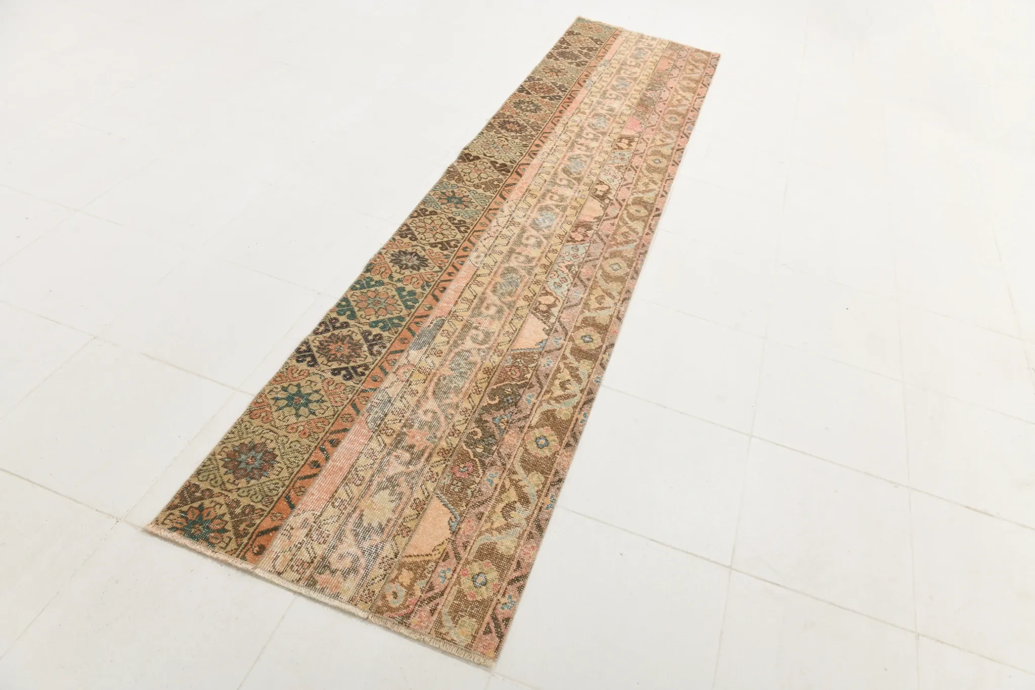 Brown Cream Vintage Persian Runner Rug, Rugs For Rustic Hallway, 74x327Cm