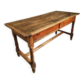Table à manger et bureau Louis Philippe ancien – Plateau en noyer, base en cerisier, portes coulissantes – Table de travail XIXe siècle – 163×71 cm