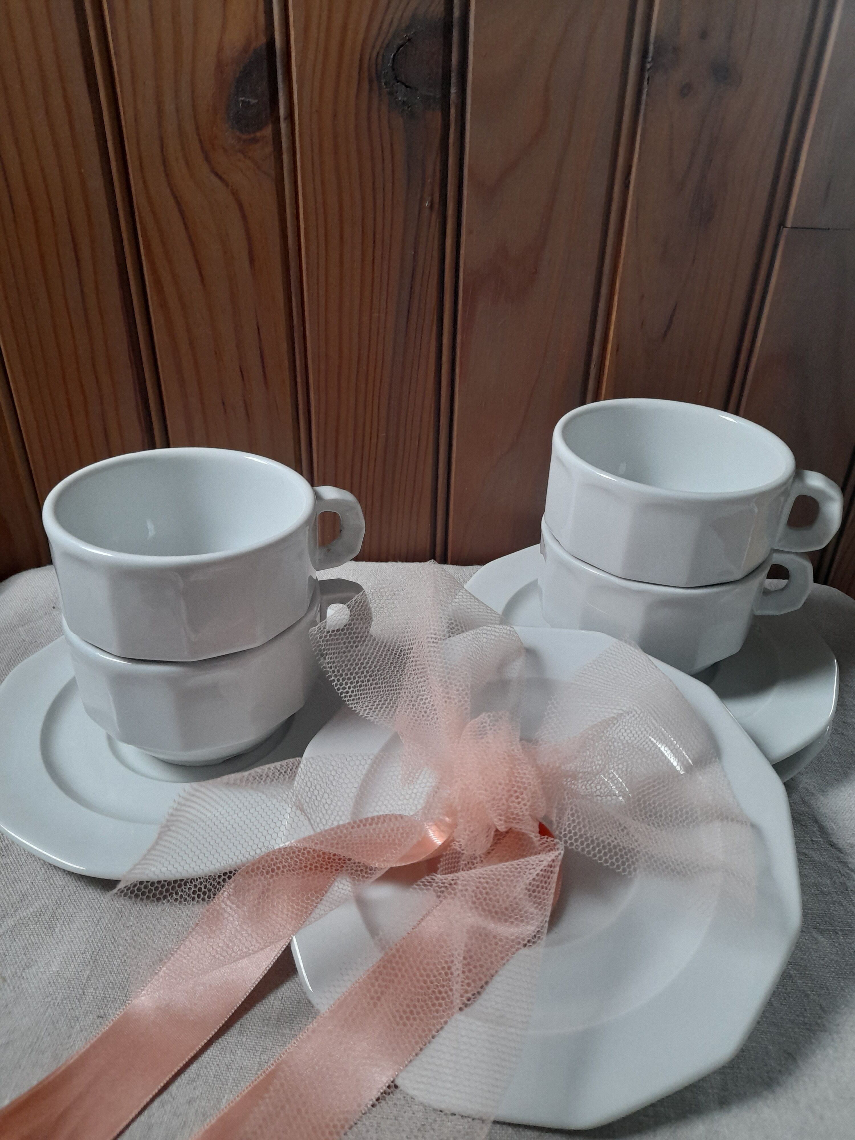 4 tasses & sous-tasses bistrot de Pillivuyt, vintage 70's