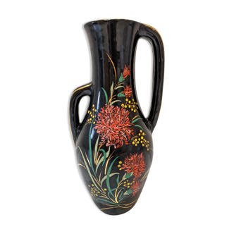 Vase Vallauris Tess vintage noir doré fleurs