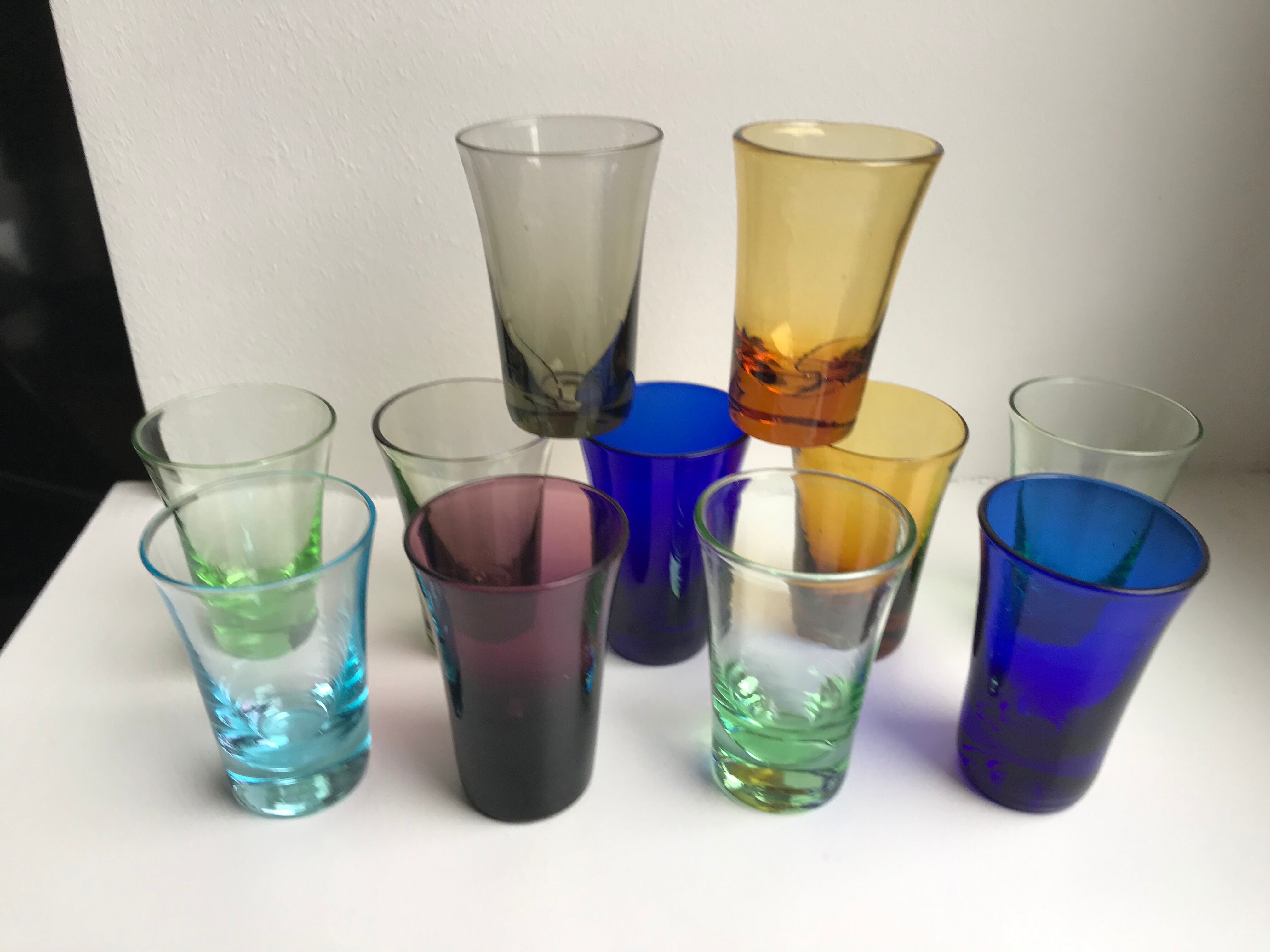 Set of 11 colored glass shot glasses 70s