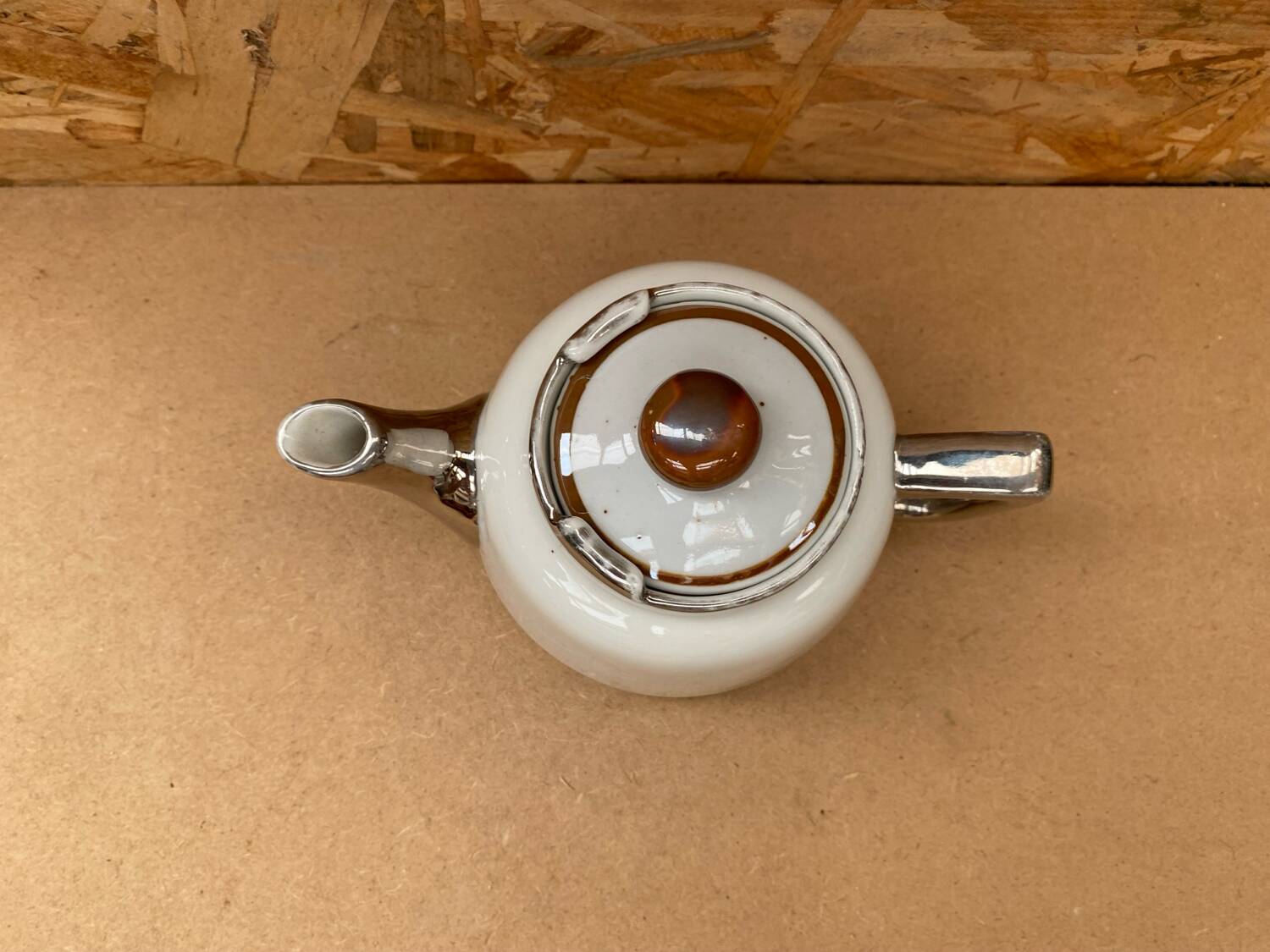 Antique aluminite teapot frugier white & silver ceramic vintage