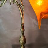 Bronze lamp on blond oak base, art nouveau with tulip, 45x30