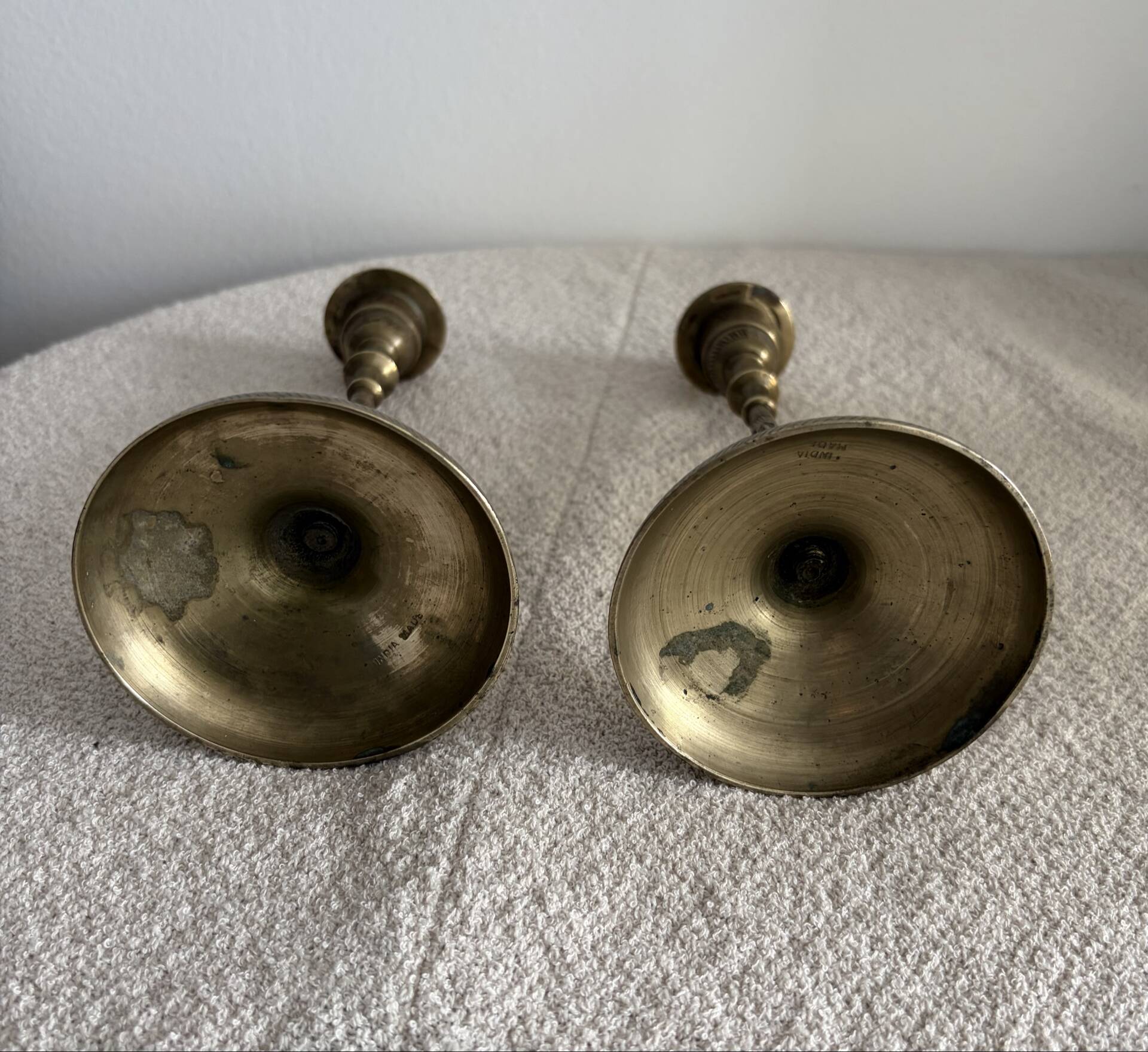 Pair of Vintage Etched Brass & Enamel Candlesticks - India,Mid-Century