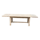 Table à manger de ferme extensible décapée en chêne massif brut années 70