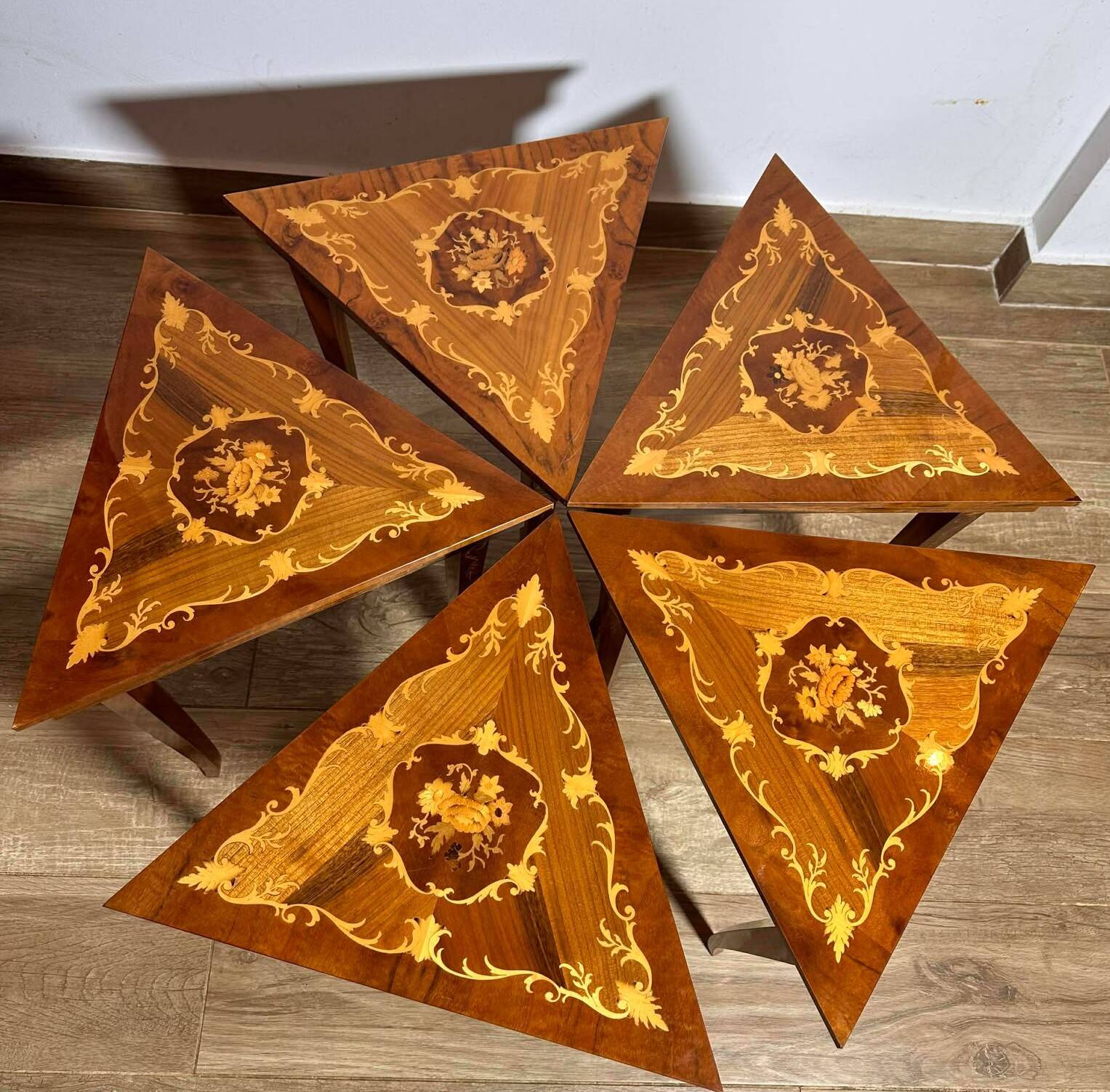 Italian Marquetry Five Piece Triangle Table