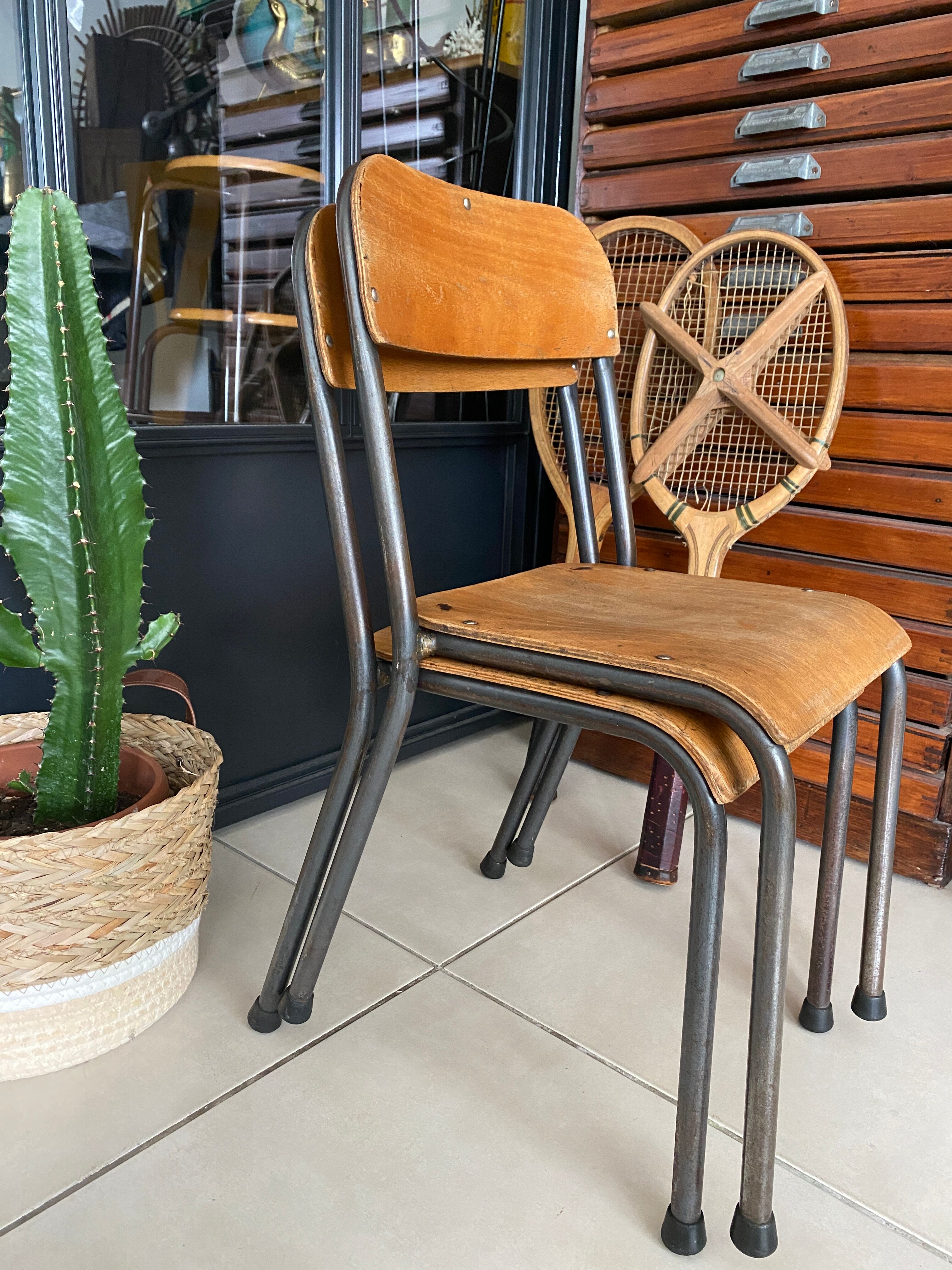 Pair of wooden and metal children's chairs