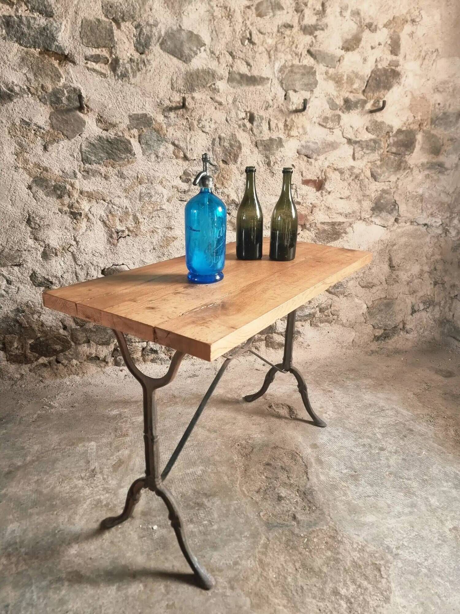 Vintage French Bistro Table | 1960s/70s Oak Top & Cast Iron Base | Retro Coffee & Wine Table
