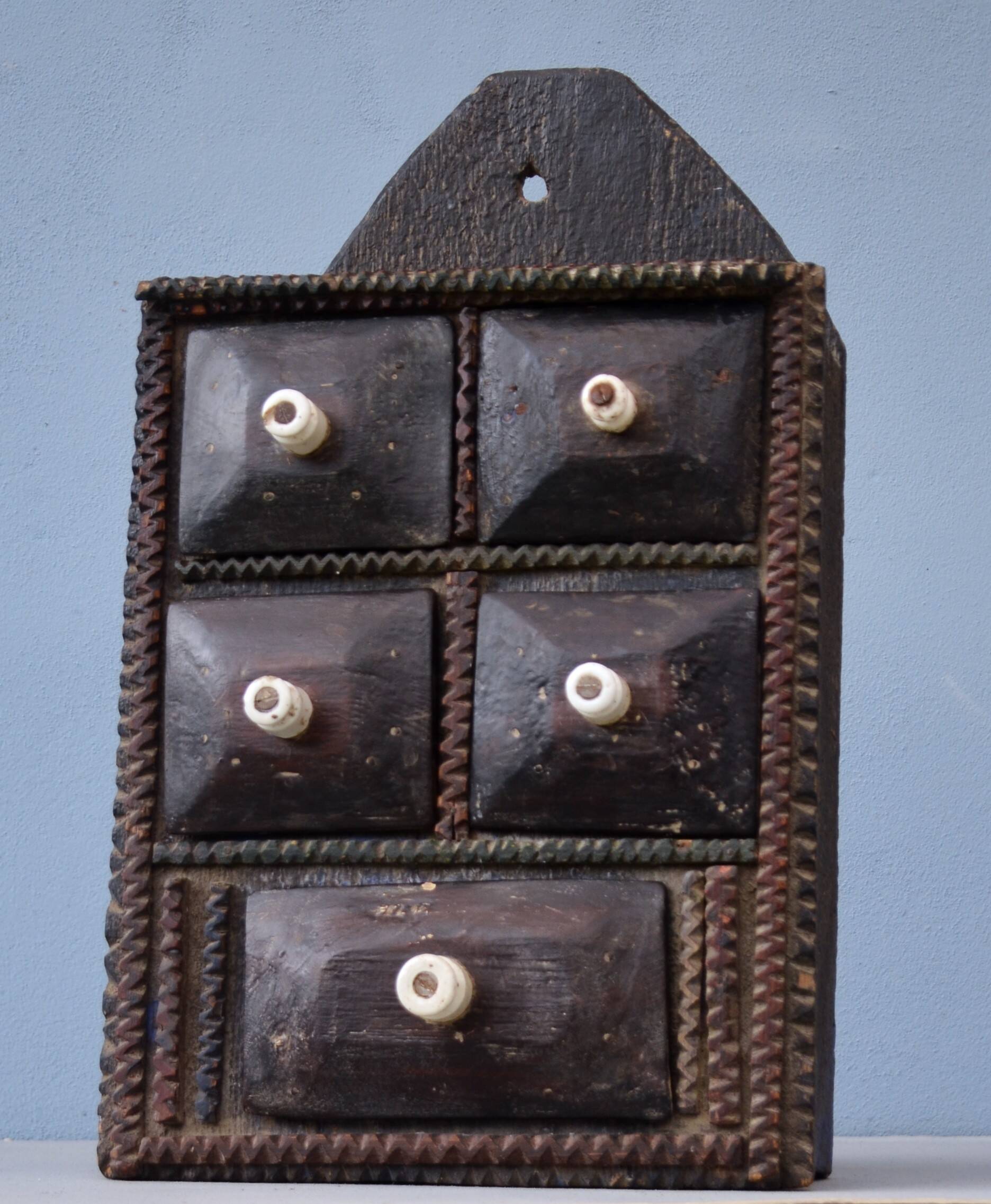 Primitive Wood Carved Kitchen Apothecary Spices Cabinet