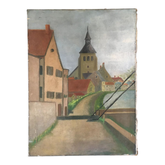 Old painting the street of the village