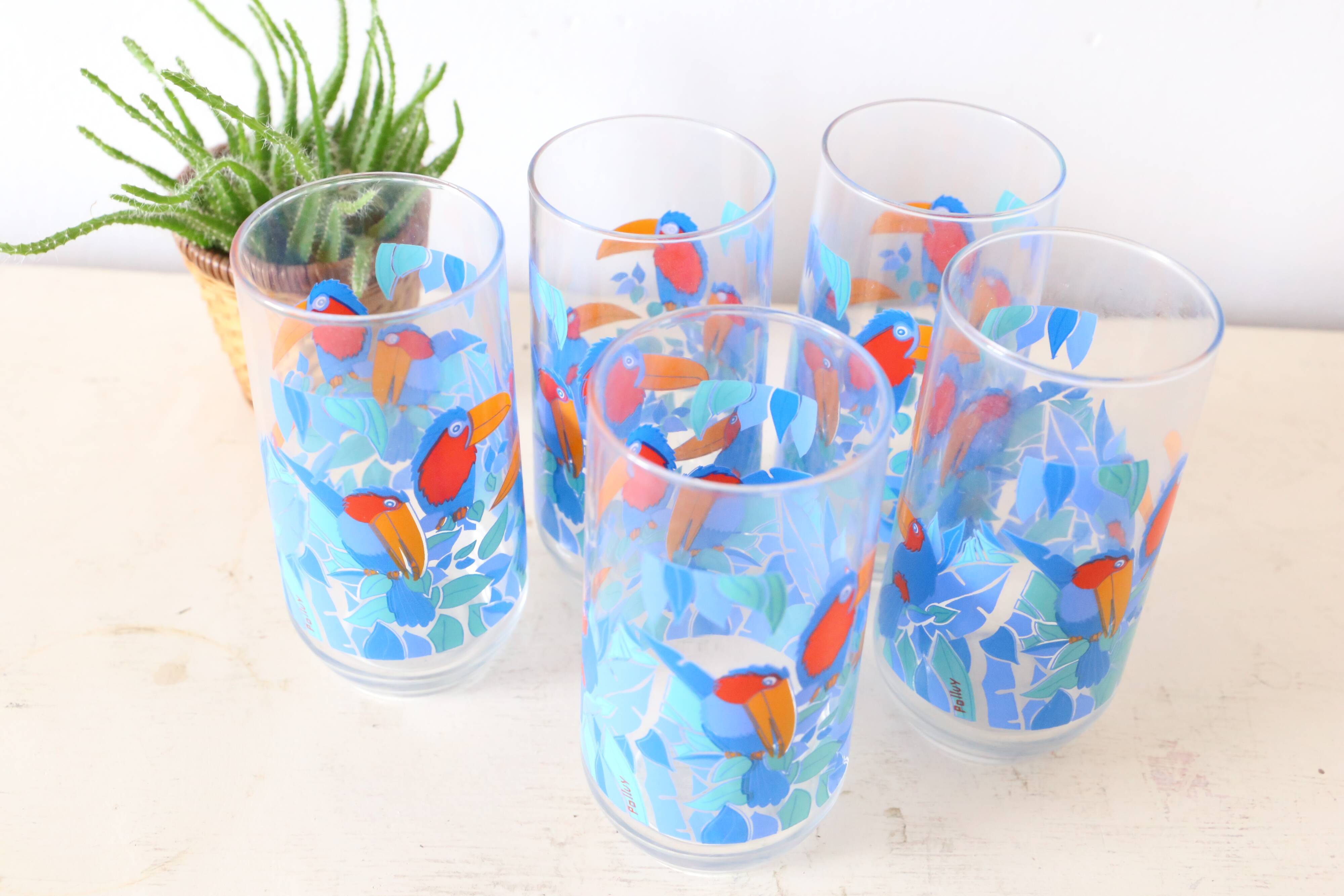 Set of 5 water glasses, bird decorations, 70s/80s, vintage