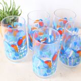 Set of 5 water glasses, bird decorations, 70s/80s, vintage
