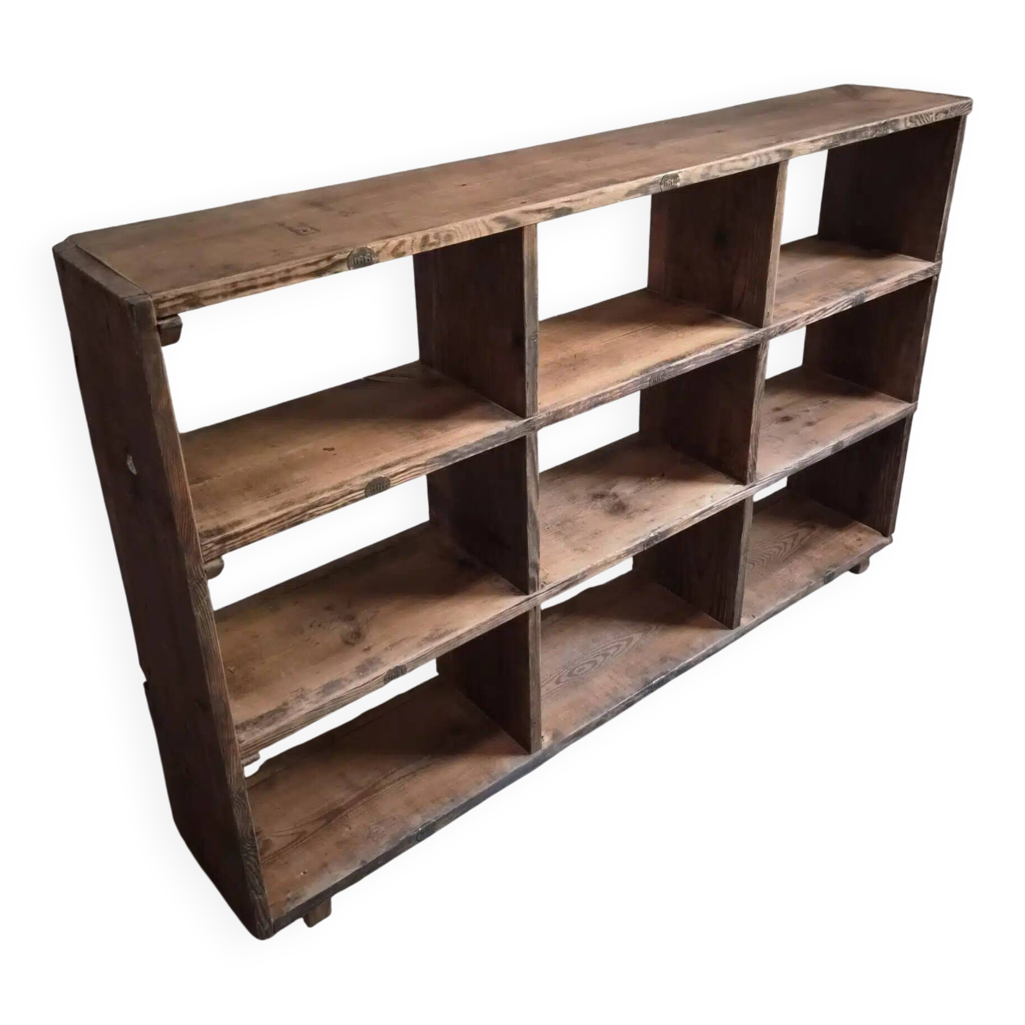 Old workshop shelf in French pine, industrial shoe cabinet, around 1900.