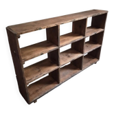 Old workshop shelf in French pine, industrial shoe cabinet, around 1900.
