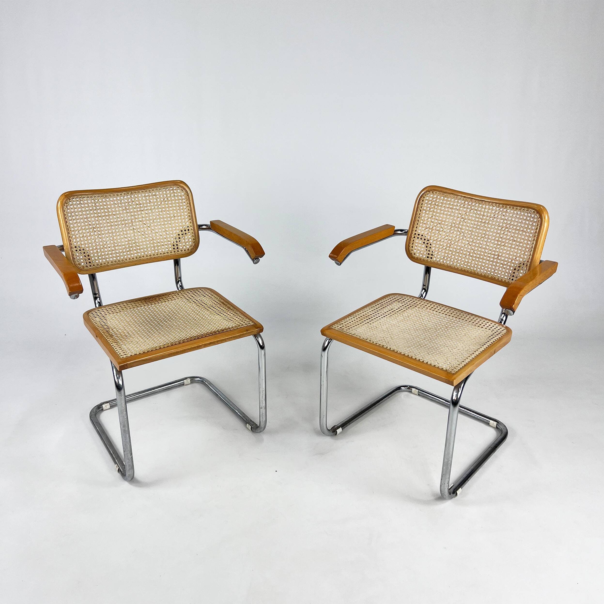 Set of 2 Tubular Frame and Cane Cantilever Arm chairs, Italy, 1970s