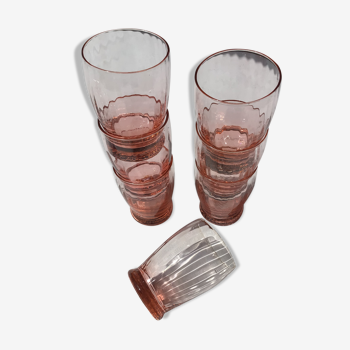 7 verres à eau rose orangé ondulés fins