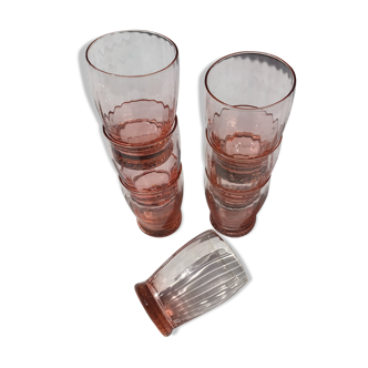 7 fine wavy orange-pink water glasses