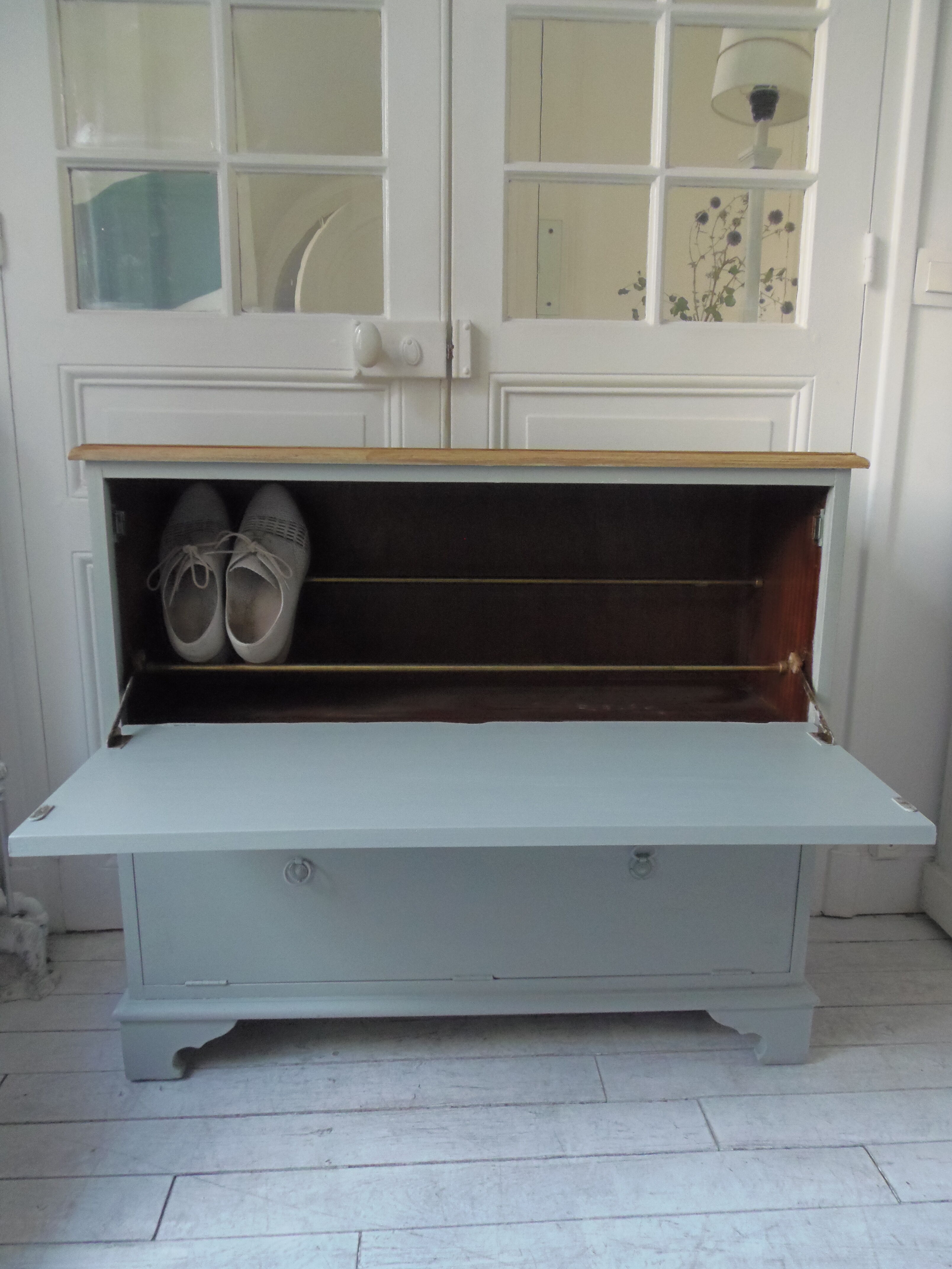 Vintage shoe cabinet green of gray, wooden top.