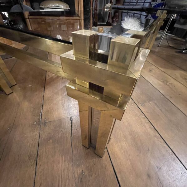 Table basse vintage Romeo Rega, verre fumé, laiton et métal chromé, design Hollywood Regency 1970s