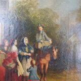 Huile sur panneau figurant une scène bourgeoise animée