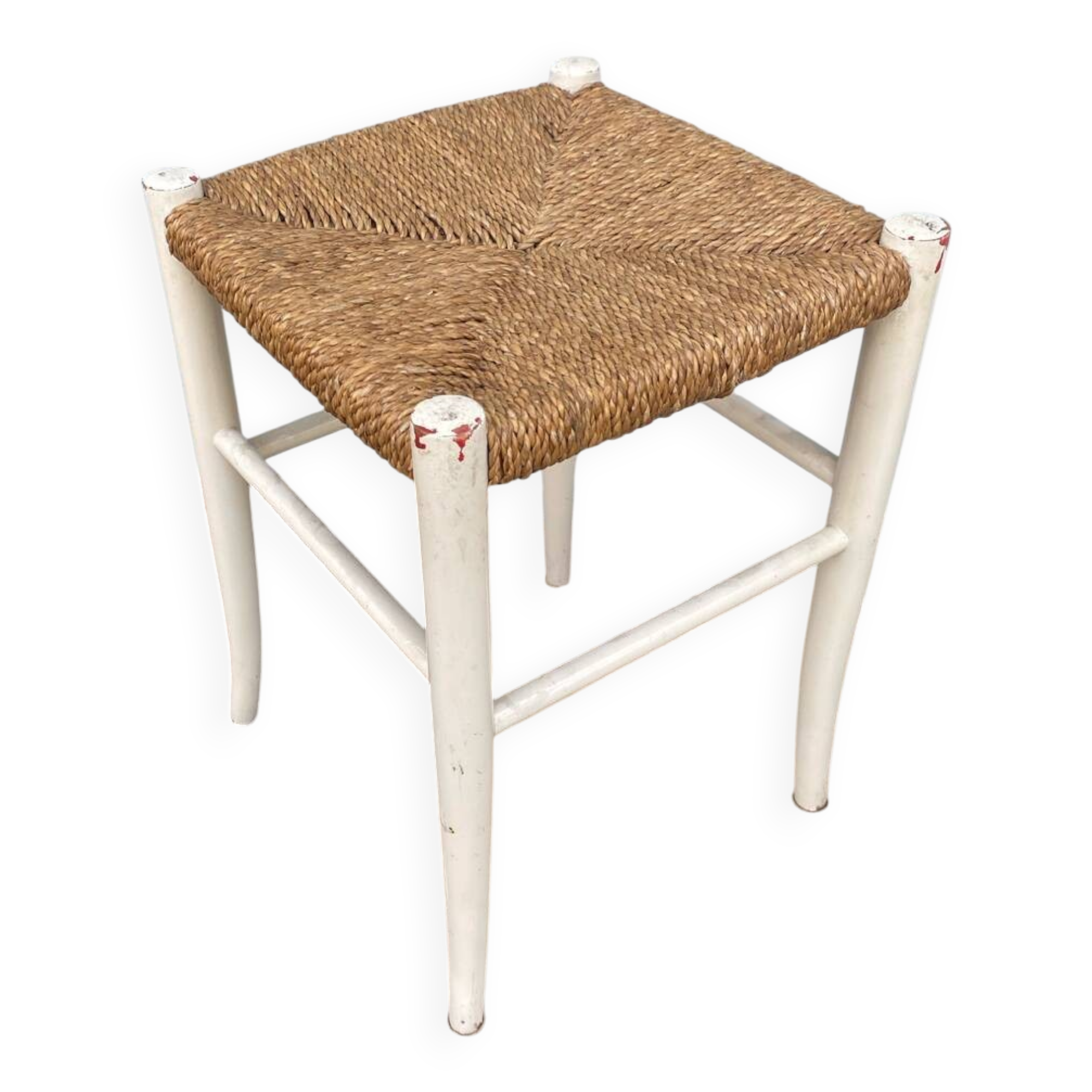 Tabouret Ancien en Bois Blanc + Assise Paille Tressée Vintage