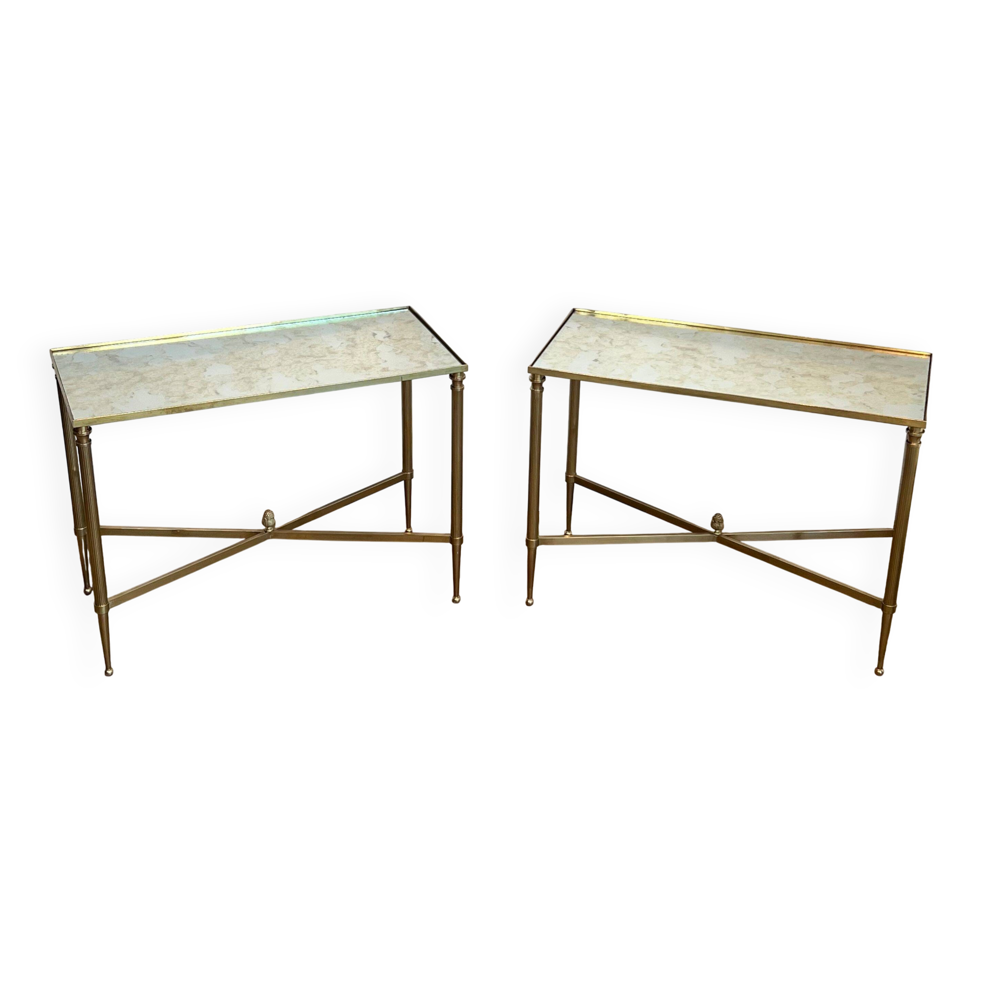 Pair of brass side tables with antique mirrored tops from Maison Jansen