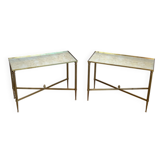 Pair of brass side tables with antique mirrored tops from Maison Jansen