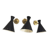 Set of three Italian wall lights in brass and lacquered iron, 1950s design.